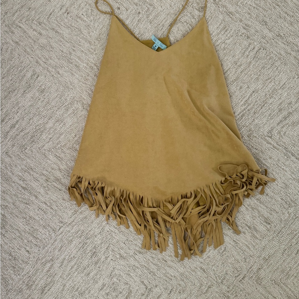 Tan Fringe Sleeveless Top